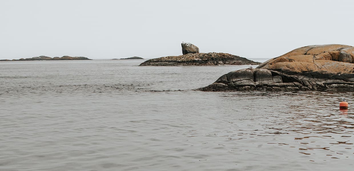 Hav med holmer, skjær og en bøye.