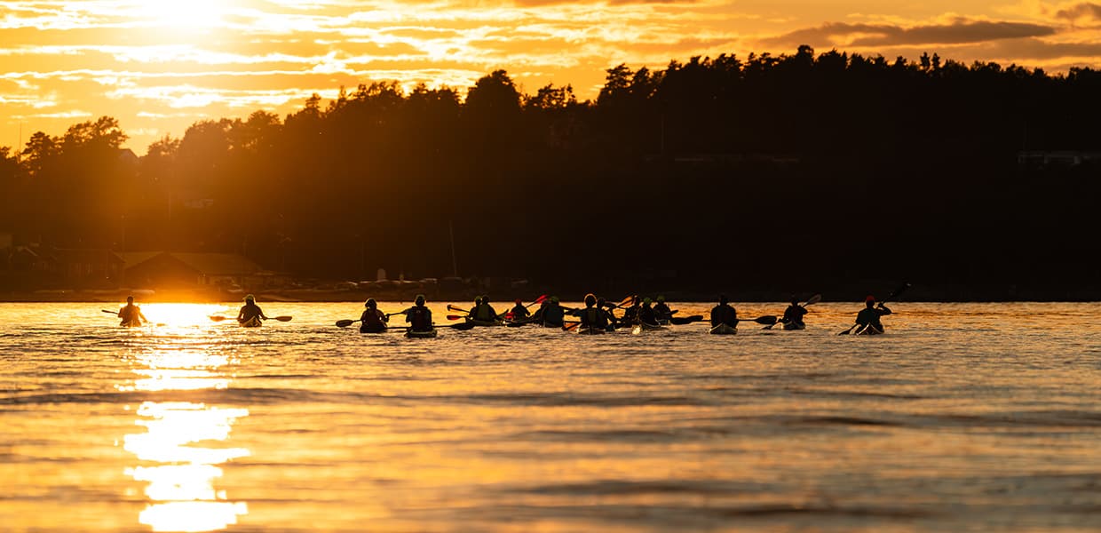 En gruppe kajakker padler på et stille vann ved solnedgang. Solen kaster et gyllent lys over vannet og silhuettene av trærne i bakgrunnen. Kajakkene er spredt utover vannet, noen padler alene mens andre er i små grupper.